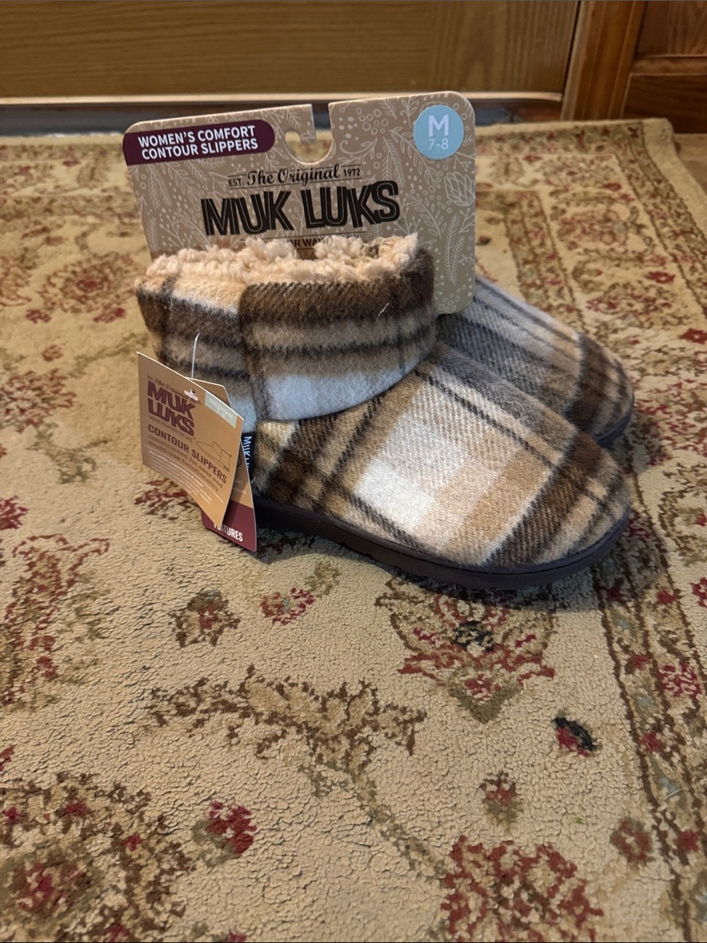 Muk Luks Brown and Cream Plaid Sherpa-Lined Slip-On Slippers